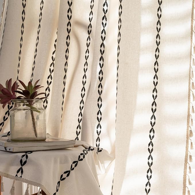 Deeprove Black and White Boho Curtains 84 inches Length for Living Room Bedroom Nursery, Vintage Chic Bohemian 84 inches Long Stripe Embroidery Farmhouse Tassel Privacy Window Decor W52 x L84, 1 Panel