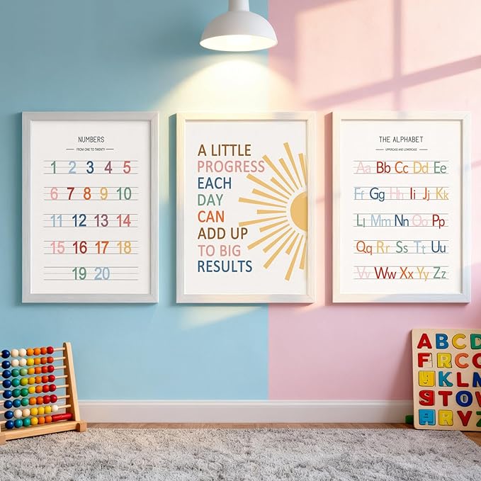 3 PCS Alphabet Numbers Framed Playroom Wall Decor,Classroom Must Haves,A Little Progress Each Day Boho Educational ABC Poster Wooden Sign for Baby Girl Kid Boy Toddlers,Neutral Preschool English Letters Nursery Decor for Homeschool Kindergarten Kids Le...