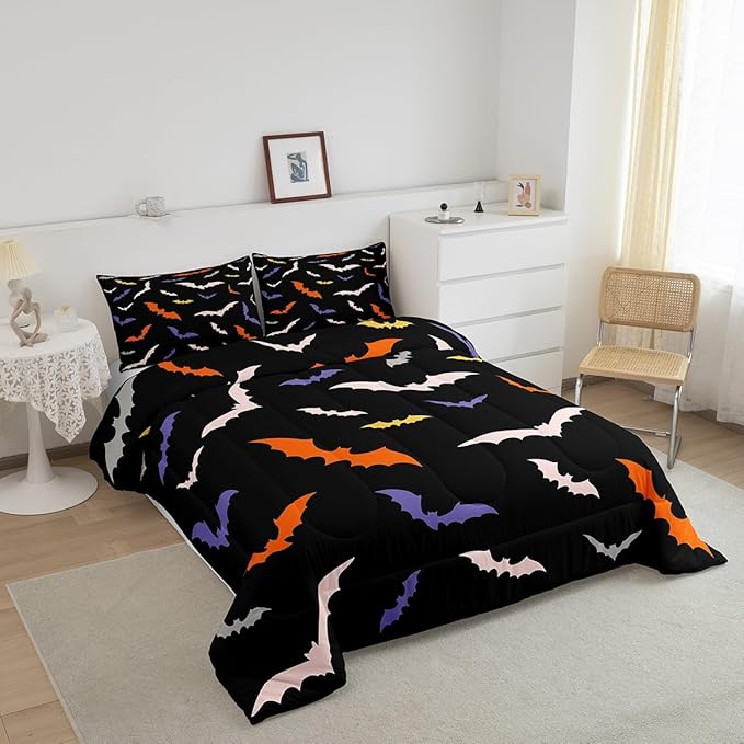 Erosebridal Bat Quilt Halloween Bedroom Decor Bedding Set King Size for Kids Teens Adults Bedroom Purple Gothic Bat Comforter Set with 2 Pillow Cases,Spooky Duvet Insert