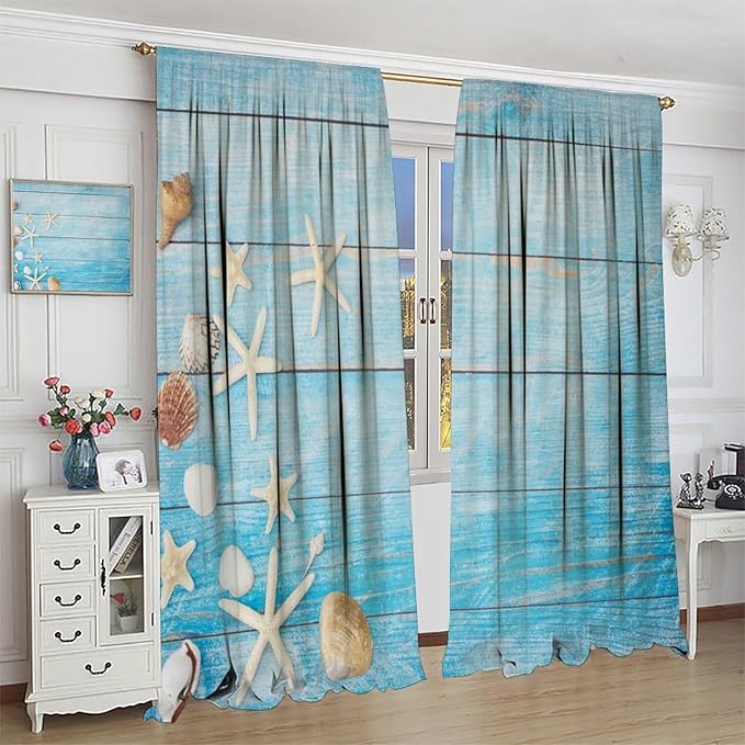 Beach Shell Curtains Shell Starfish Modern Style White Print Curtains for Living Room Bedroom Boys Girls Bedroom Decorative Privacy Curtains 42x63 Inch