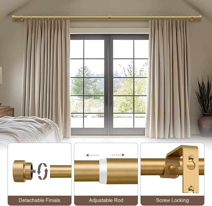 Modern Gold Curtain Rods for Windows 66 to 120 Inches Adjustable Length Heavy Duty 1" Diameter Window Curtain Rod with Decorative Finials for Outdoor Bedroom Kitchen Living Room