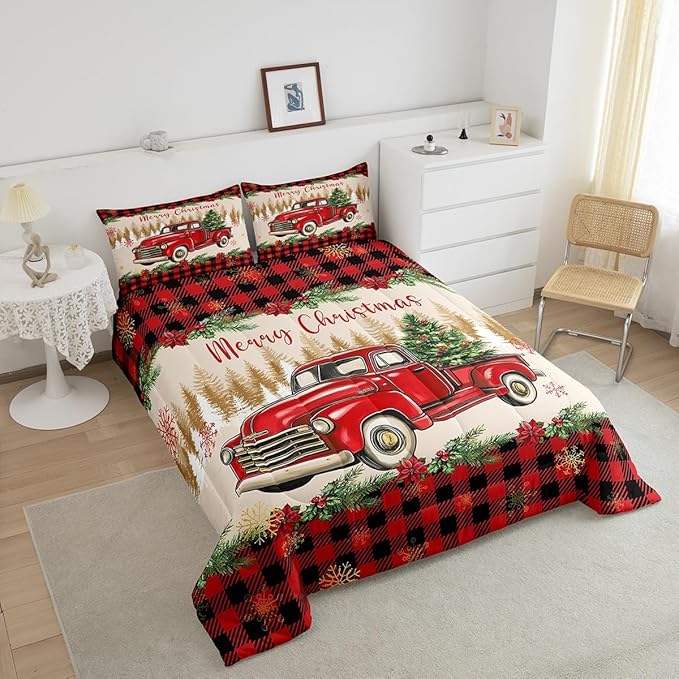Erosebridal Merry Christmas Full Bedding Set Red Truck Comforter Sets for Kids Boys Girls Teens Room Decor,Xmas Tree Down Comforter Red Black Buffalo Plaid Decor Bed Set Car Printed Themed Quilt Set