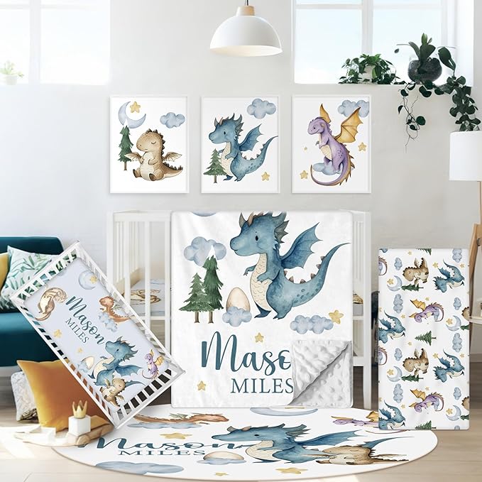 Custom Baby Crib Bedding Set, 5 Pcs Personalized Name Baby Crib Set for Boys, Dinosaur Nursery Bedding Sets, Double Layer Flannel Blanket, Newborn Infant Toddler & New Parents Customized Gifts