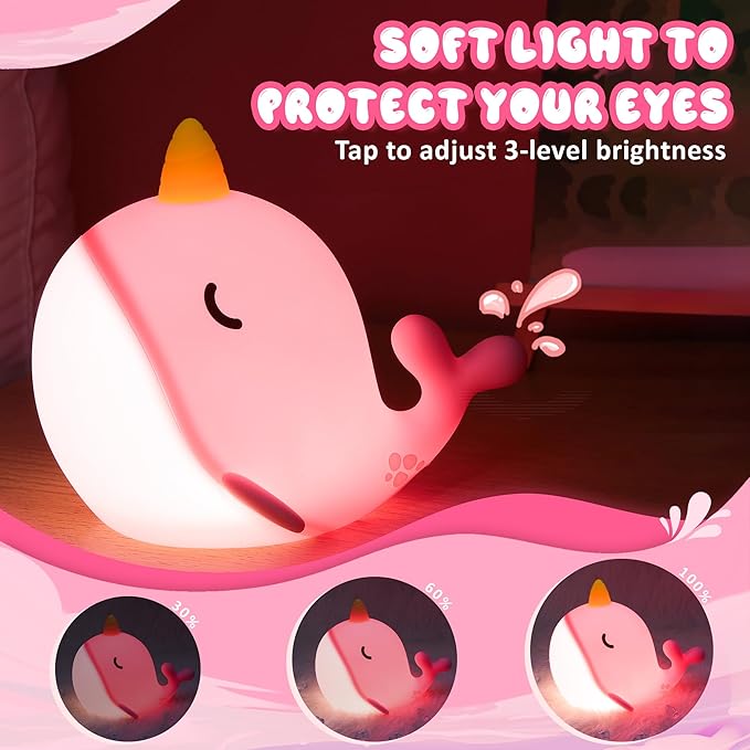 Ammonite Pink Narwhal Night Light, Soft Silicone Whale Nursery Lamp with 3 Dimming Levels and 30-Minute Timer, Touch Control Nightlight for Bedroom Decor, Christmas Birthday Gift
