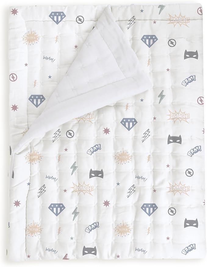 MakeMake Organics Organic Twin Comforter GOTS Certified Organic Kids Blanket Cotton Infill Tufted - Reversible Ultra Soft Breathable Boys Girls Superheros (68"x88", Mighty Heros)