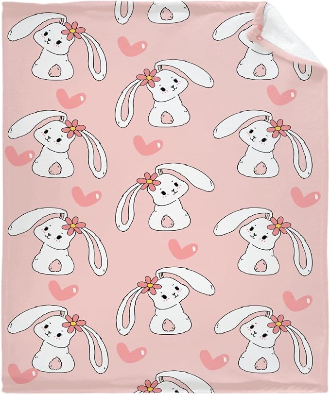 Thuswarm Cute Bunny Pink Flannel Throw Blanket Gifts Warm Cozy Soft Funny Print Blankets for Summer Room Decoration Bed Couch Sofa 60”×50” Medium for Teen