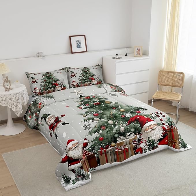 Merry Christmas Comforter Set Twin Size,Christmas Tree Snowflake Bedding Set for Kids Boys Girls Room Decor,Santa Claus X'Mas Theme Quilt Set 2Pcs,Star Polka Dot Glitter Duvet Insert,1 Pillowcase