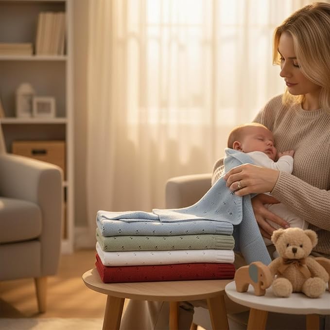 Baby Knit Blanket, 100% Cotton Eyelet Patterns, Soft, Cozy, Lightweight Swaddle for Newborn & Infant Swaddling Beige Neutral, Perfect Baby Shower Ideas Red 30x40