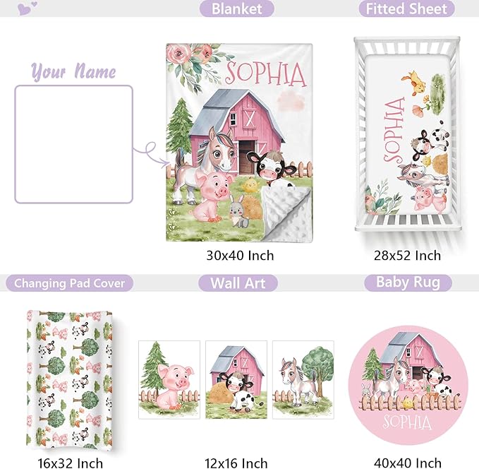 Personalized Baby Crib Bedding Set, 5 Pcs Custom Name Nursery Bedding Set for Girls Boys, Farm Animals Baby Crib Set for Toddlers Infants, Double Layer Bedding Crib Sets Customized Gifts