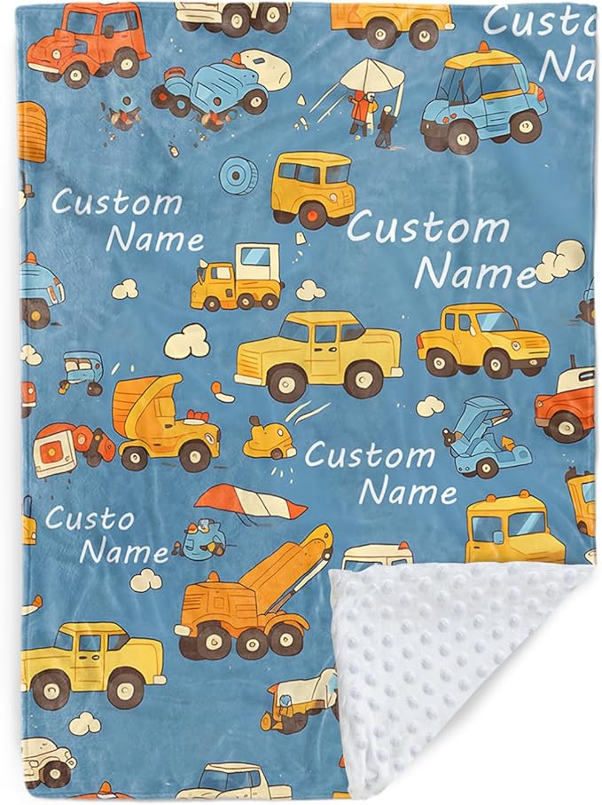 Custom Baby Blanket - Cartoon Cars Design Personalized Name Blanket, Soft Flannel Dot Infant Toddler Blanket for Boys, Customizable Nursery Bedding (30”x40)