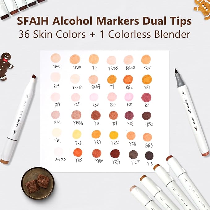 SFAIH Skin Tone Alcohol Markers Brush & Chisel - 37 Portrait Color Permanent Markers for Adults/Teen/Artists/Creators, Blendable Art Markers for Coloring Sketch & Drawing & Illustration-Refillable Ink