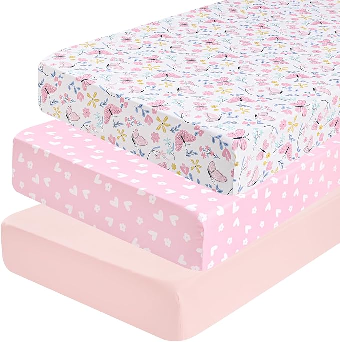 PHF 3 Pack Soft Butterfly Crib Sheets Fitted, Comfy Breathable Baby Sheets for Girls, 28x52 Inches Fits Standard Crib and Toddler Mattresses, Butterfly