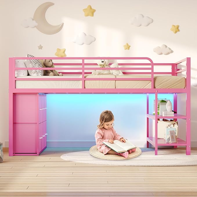 BTHFST Low Loft Bed Twin Size with 6 Storage Drawers, LED Lights, 2 Tier Storage Shelves, Kids Metal Loft Bed with 15" H Stairs & Safety Guardrail, Spave Saving, Pink