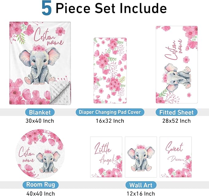 Personalized Baby Crib Bedding Set: 5 Piece Custom Gift Calf Elephant Cow Crib Bed Set with Name,Nursery Bedding Set for Toddler Girls Crib,Infant Boys Crib Sets, Floral Crib Bedding Gifts(Fixed Size)