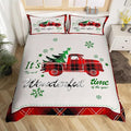 Manfei Xmas Truck Duvet Cover Set Twin Size, Christmas Tree Snowflake Print Bedding Set 2pcs for Kids Boys Girls Bedroom Decor, Red Plaid Print Comforter Cover with 1 Pillowcase,No Comforter