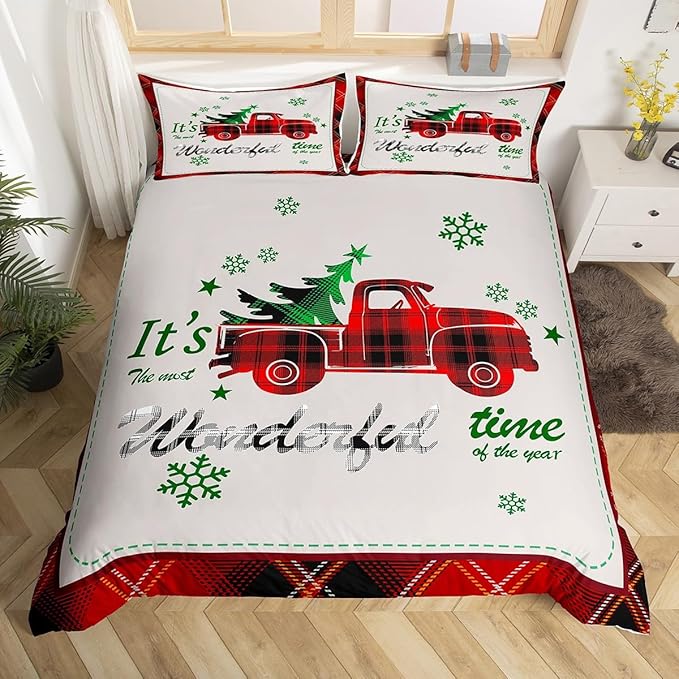 Manfei Xmas Truck Duvet Cover Set King Size, Christmas Tree Snowflake Print Bedding Set 3pcs for Kids Boys Girls Bedroom Decor, Red Plaid Print Comforter Cover with 2 Pillowcases,No Comforter