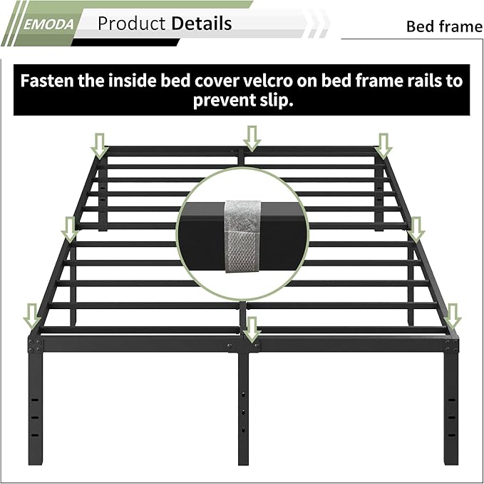 EMODA 18 Inch Full Size Bed Frame with White Skirt Cover, Heavy Duty Metal Platform No Box Spring Needed, Easy Assembly Noise Free