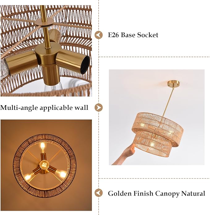 17.72" 4-Light Boho Chandelier Rattan Light Fixture Hand Woven Farmhouse Chandelier for Dining Room Ceiling Hanging Pendant Light for Kitchen Island Lighting