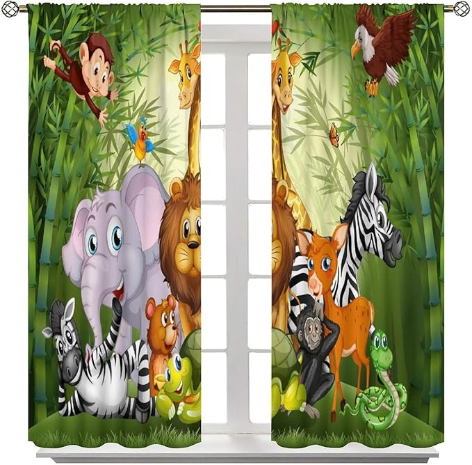 Cartoon Animal Curtains, Cute Animals Bamboo Forest Blackout Window Treatments, Rod Pocket Thermal Insulated Drapes 2 Panel Sets for Kids Room Nursery Classroom, 42" W X 54" L