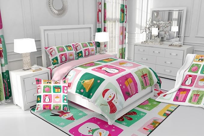 Feelyou Happy New Year Bedding Set Soft for Boys Girls, Christmas Decor Comforter Set Full Size Merry Christmas Duvet Quilt Microfiber Winter Penguin Bedroom Decor 3 Pcs with 2 Pillow Cases