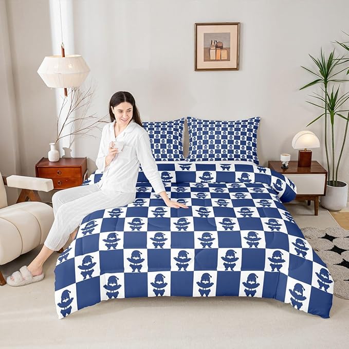 Feelyou Christmas Comforter Set Full Size Checkered Bedding Set for Kids Boys Girls Santa Claus Duvet Quilt Xmas Decorations Bedroom Decor Blue Microfiber 3 Pcs with 2 Pillow Cases