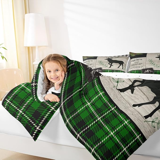 Elk Silhouette Kids Comforter Set Queen Size,Palm Leaves Old Plank Bedding,Girls Boys Adults Bedroom/Xmas Cabin Decor,Camper Explore Down Comforter,Geometric Grids Plaid Duvet Insert,2 Pillowcases