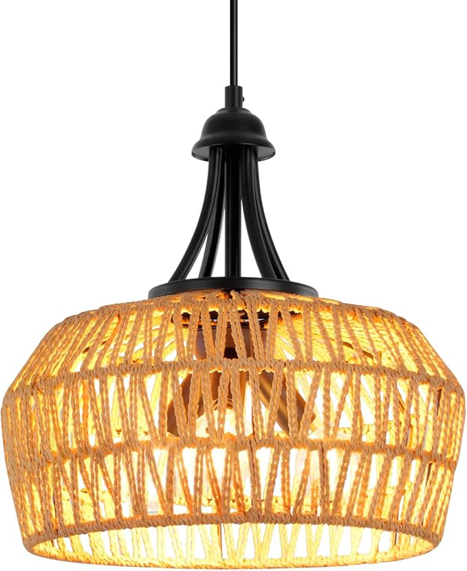Rattan Pendant Light, 13'' Rattan Chandeliers for Dining Room, Farmhouse Chandelier Light Fixture,Hand Woven Lampshade, Rustic Chandeliers Hanging Light Fixtures for Kitchen Island,Bedroom,Hallway
