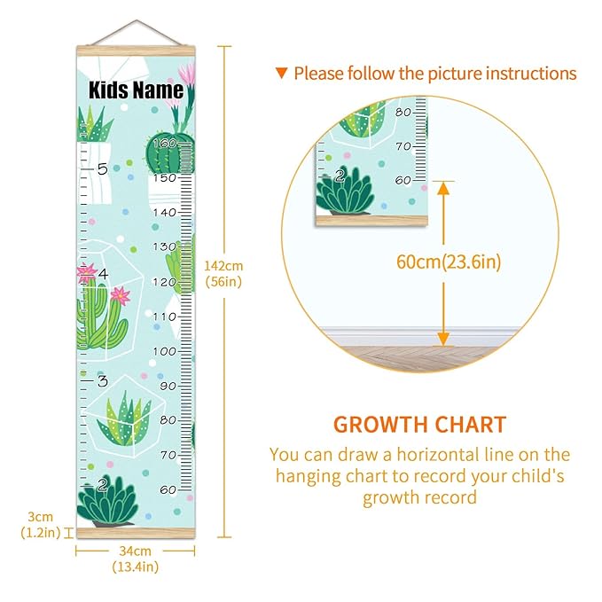 Personalized Kids Name Growth Chart Ruler for Wall Wood Frame Height Measure Chart 13.4x56 in Linen Hanging Height Growth Chart Cactus Green Kids Room Decor