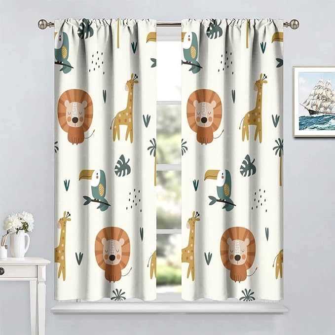 Cute Lion Window Curtains for Kids Bedroom,Cartoon Woodland Jungle Forest Wildlife Little Lion Giraffe Owl Palm Tree Printed Pattern Blackout Drapes for Living Room Baby Nursery Room 84x84in