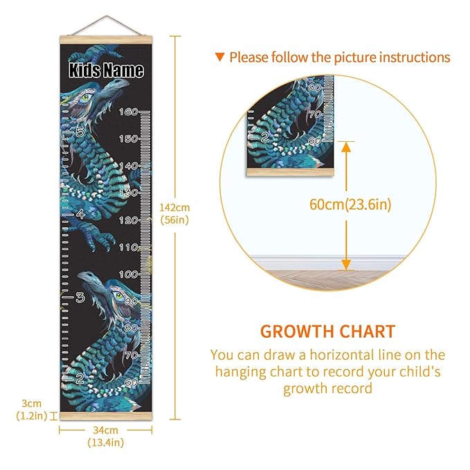 Personalized Kids Name Growth Chart Ruler for Wall Wood Frame Height Measure Chart 13.4x56 in Linen Hanging Height Growth Chart Retro Blue Dragon Kids Room Decor