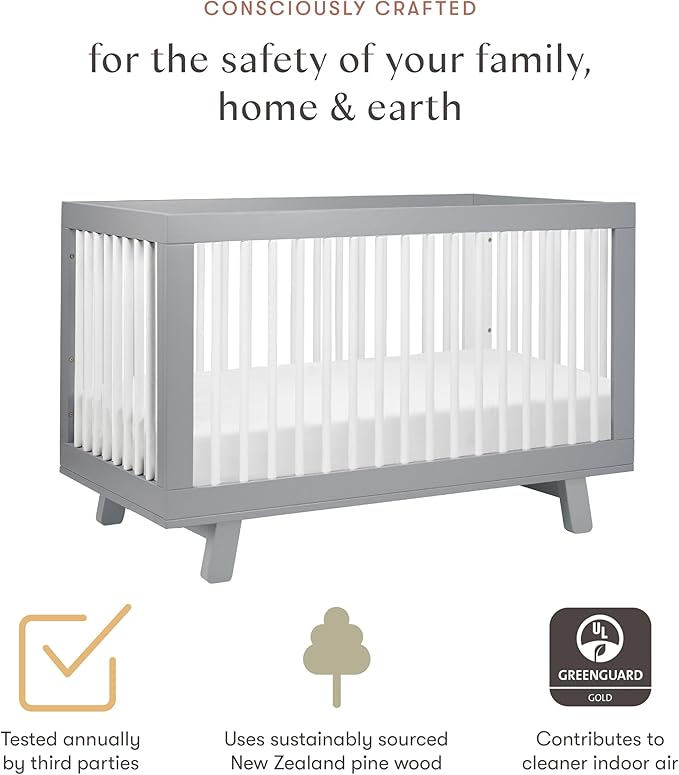 Babyletto Hudson 3-in-1 Convertible Baby Crib with Toddler Bed & Daybed Conversion - Strong, Durable & Easy to Assemble - GREENGUARD Gold Certified w/ 4 Adjustable Mattress Heights - Grey and White