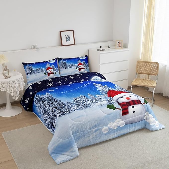 Feelyou Christmas Comforter Set Reindeer Snowman Snowflake Reversible King Size Decorations Bedding Set for Kids Boys Girls Xmas Winter Decor Comforter Dreamy Blue Quilt Room 3Pcs