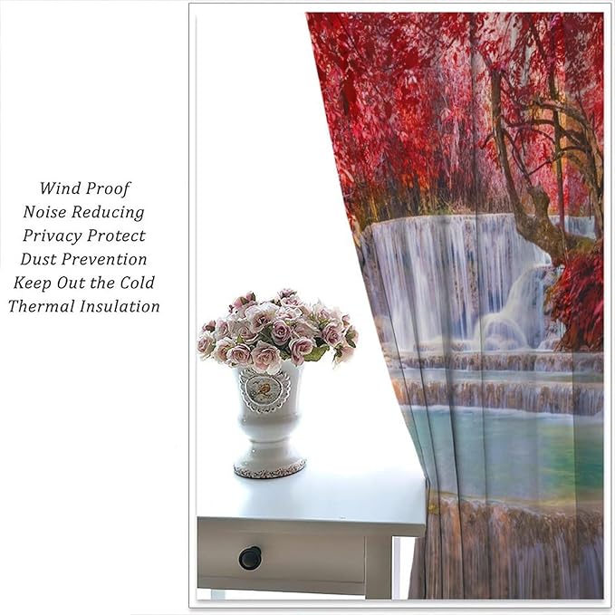Natural Landscape Waterfall Blackout Curtains, Scenic View Waterfall Forest Autumn Window Drapes, for Bedroom Living Room 63" W X 72" L