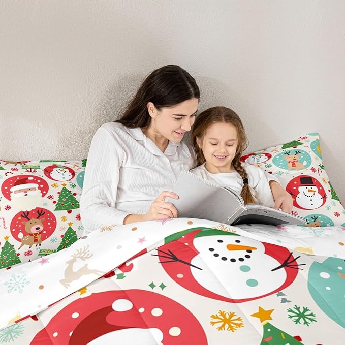 Feelyou Christmas Bedding Set Soft for Boys Girls, Santa Snowman Comforter Set Twin Size Deer Xmas Tree Duvet Quilt Microfiber Snowflake Bedroom Decor 2 Pcs with 1 Pillow Cases