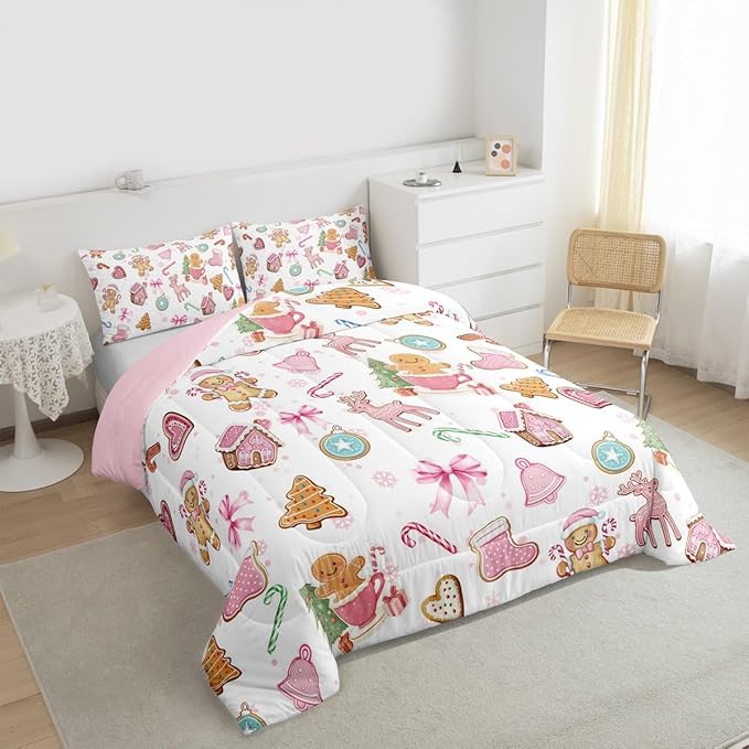 Cute Bow Tie Kids Bedding Set King Size,Pine Tree Merry Christmas Elk Deer Comforter Set,Bowknot Gingerbread Man Snowflake Quilt Comforter,Pink White Colorful Bedroom Duvet Insert,2 Pillowcases