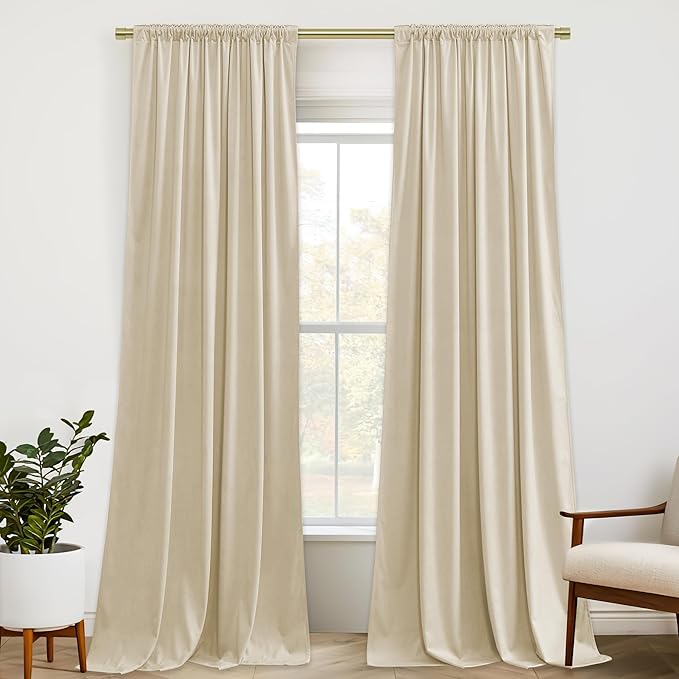 StangH Beige Velvet Curtains 108 inches Long for Living Room - Back Tab Room Darkening Decorative Window Curtain Drapes for Nursery Bedroom/Loft/Office, W52 x L108, 2 Panels