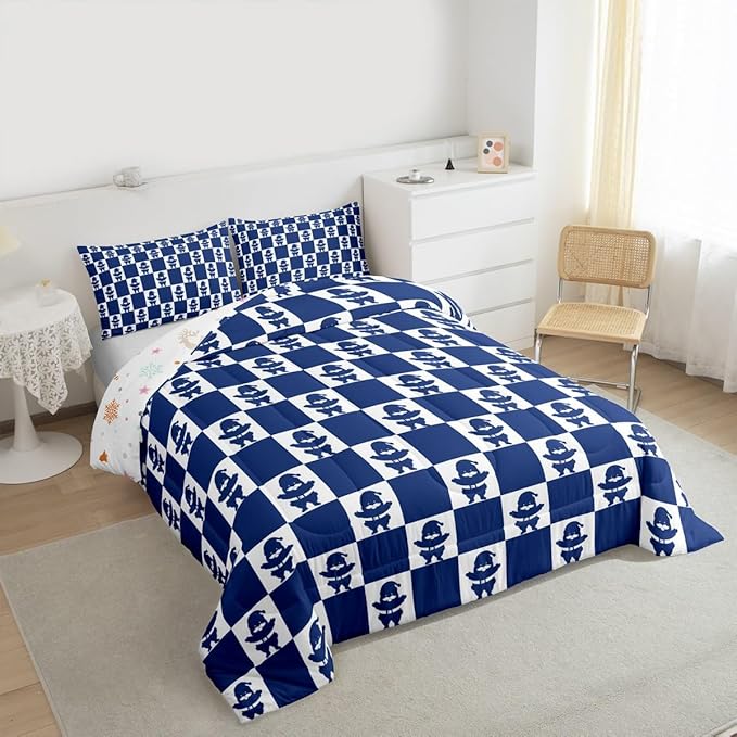 Feelyou Christmas Comforter Set Full Size Checkered Bedding Set for Kids Boys Girls Santa Claus Duvet Quilt Xmas Decorations Bedroom Decor Blue Microfiber 3 Pcs with 2 Pillow Cases