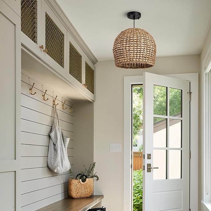 13.8inch Rattan Pendant Lighting, Brown Hand-Woven Dome Pendant Light Adjustable Boho Hanging Lamp Wicker Chandelier for Dining Room Kitchen Island Foyer Restaurant Bedroom Hallway