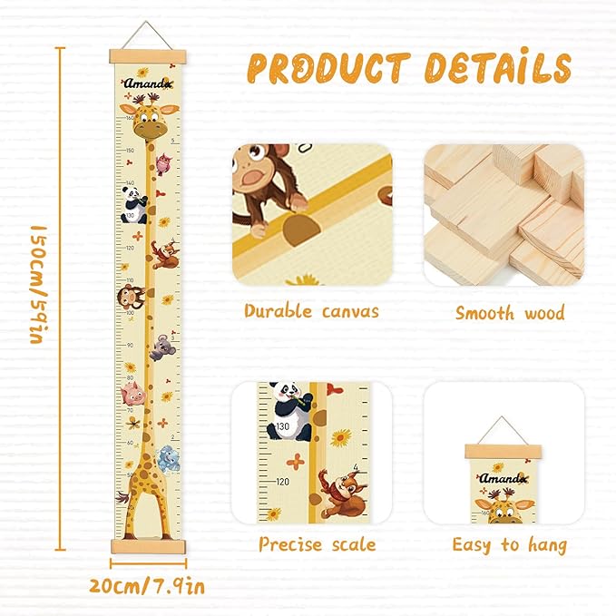 Customize Name Growth Chart Wall, Funny Giraffe Premium Canvas Removable Height Chart for Kids (Giraffes)
