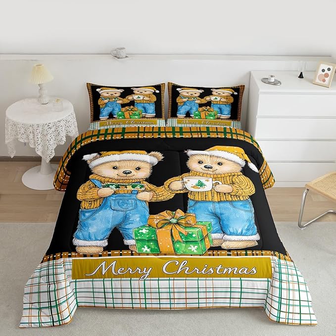 Feelyou Merry Christmas Comforter Set All Season Cute Bear Bedding Set with 2 Pillow Cases Microfiber Kids Queen Bedclothes Winter Bedroom Decor Duvet Quilt Breathable Soft