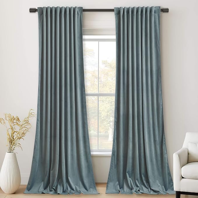 StangH 120 inches Long Stone Blue Velvet Curtains, Extra Long High Ceiling Living Room Curtains Back Tab Room Darkening Thermal Insulated Home Decor for Hall/Villa, W52 x L120, 2 Panels