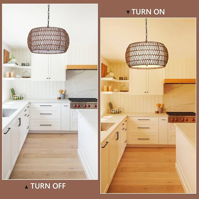 Rattan Farmhouse Chandelier Light Fixtures,5-Lights Boho Large Pendant Light,Woven Chandeliers for Dining Room with Fabric Shade,Rustic Hanging Light Fixtures for Kitchen Island-Dark Brown