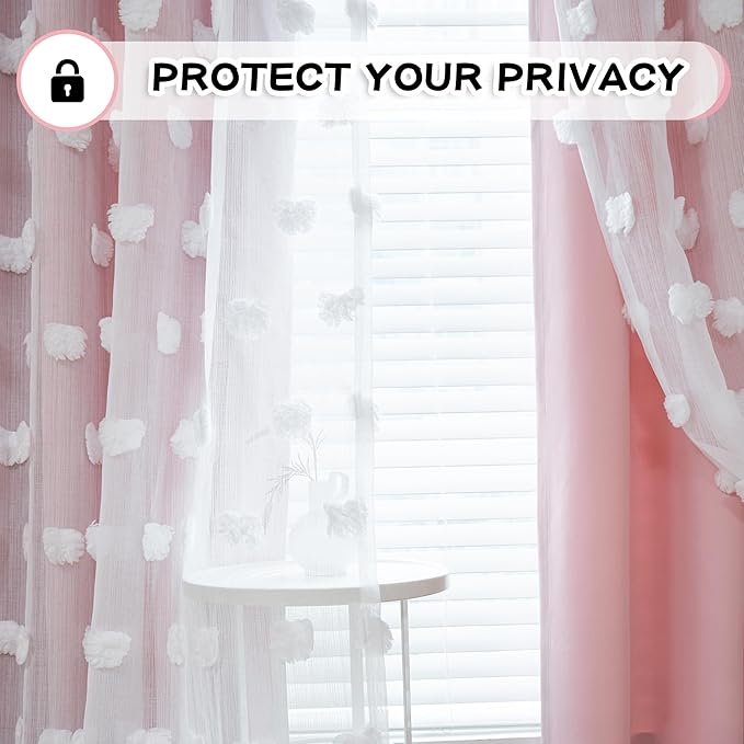 MYSKY HOME Double Layer Curtains for Girls Bedroom Kids Curtain White Pom Pom Sheer Window Curtains 2 Panels Pink Curtains Grommet Room Darkening Solid Nursery Curtains 63 Inches Length, W52 X L63