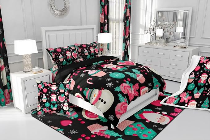 Feelyou Christmas Decor Comforter Set Full Size Pink Santa Claus Bedding Set for Kids Boys Girls New Year Gift Duvet Quilt Snowman Bedroom Decor Microfiber 3 Pcs with 2 Pillow Cases