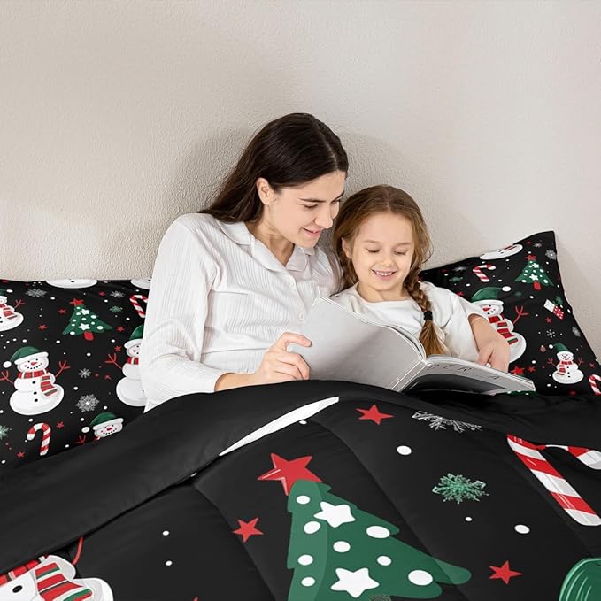 jejeloiu Kids Cute Winter Snowman Comforter Set Twin Size Christmas Theme Bedding Set for Boys Girls Teens Xmas Candy Cane Snowflake Happy New Year Duvet Quilt Room Decor