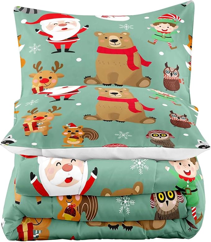 LUVIVIHOME 2PCS Merry Christmas Comforter Set Twin Size, Boys Girls Kids Bedding, Green Quilt, Funny Cute Cartoon Santa Claus Elf Owl Elk Reindeer Squirrel Xmas Christmas Bedroom Decor, 1 Pillow Sham