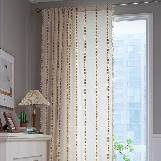 Deeprove Gold Yellow Boho Curtains 84 inches Long for Bedroom, Vintage Bohemian Embroidery Farmhouse Cotton Striped Linen Country Tassel Window Treatments Fall Thanksgiving Decor, W52 x L84, 1 Panel