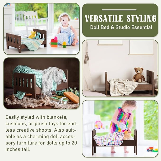 Newborn Photography Bed Props Brown Wooden Vintage Baby Photo Prop Baby Photoshoot Props for Studio Professional Photographers Newborn Photo Sessions Detachable Doll Bed