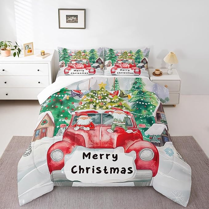 Christmas Tree Comforter Set Twin Size,Red Truck Gnome Bedding Set for Kids Boys Girls Room Decor,Merry Christmas Polka Dot Cartoon Quilt Set 2Pcs,Xmas Rustic Cabin Duvet Insert,1 Pillowcase