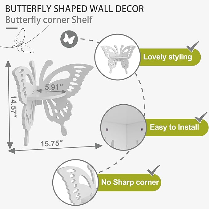 Butterfly Corner Shelf Nursery Wall Deor Floating Corner Shelf for Kid’s Room, Small Cute Decorative Shelf Wall Mounted, White Hanging Hollow Out Shelf for Toys, Plants and Decorations Storage, White